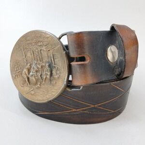 Vintage Leather Belt Mens 34 Brown Brass Scenic Buckle Etched Western
